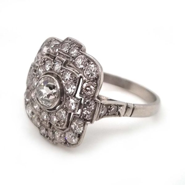 Art Deco Old Cut Diamond Cluster Dress Ring in Platinum, 1.70 carats old mine-cut diamonds and eight-cut diamonds in geometric design. Circa 1920