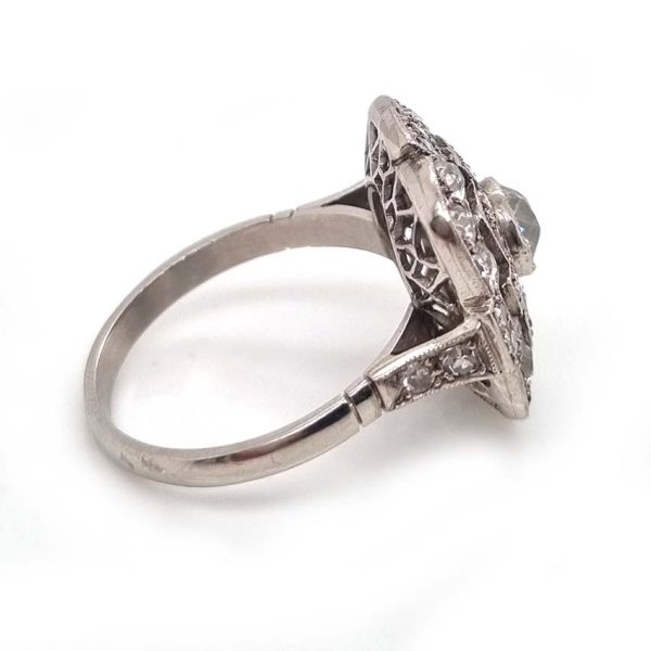 Art Deco Old Cut Diamond Cluster Dress Ring in Platinum, 1.70 carats old mine-cut diamonds and eight-cut diamonds in geometric design. Circa 1920