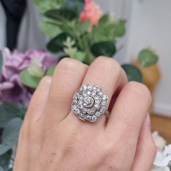 Art Deco Old Cut Diamond Cluster Dress Ring in Platinum, 1.70 carats old mine-cut diamonds and eight-cut diamonds in geometric design. Circa 1920