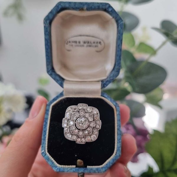 Art Deco Old Cut Diamond Cluster Dress Ring in Platinum, 1.70 carats old mine-cut diamonds and eight-cut diamonds in geometric design. Circa 1920