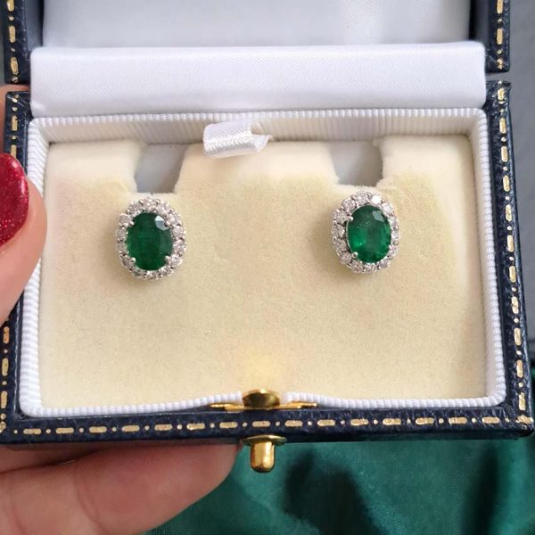 2.83ct Oval Emerald and Diamond Cluster Stud Earrings in 18ct White Gold