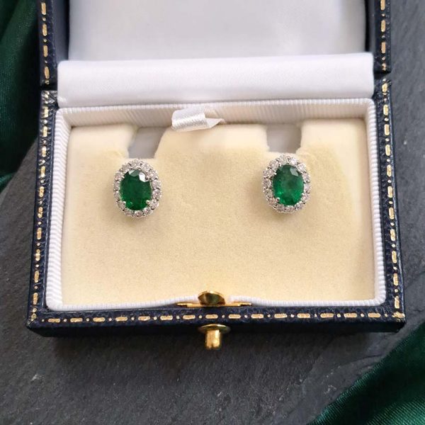 2.83ct Oval Emerald and Diamond Cluster Stud Earrings in 18ct White Gold