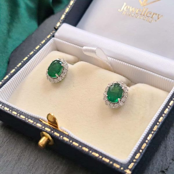 2.83ct Oval Emerald and Diamond Cluster Stud Earrings in 18ct White Gold