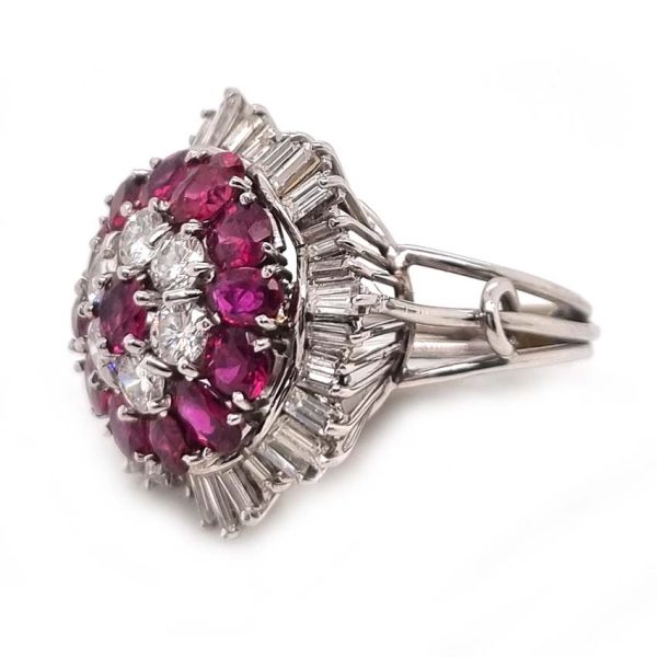 Vintage 6.5ct Ruby and Diamond Ballerina Cluster Cocktail Ring, 6.50 carats Siamese rubies surrounded by 2.50 carats of brilliant-cut diamonds within outer ballerina waved skirt border of 1.50 carats Baguette-cut diamonds in platinum. Circa 1960s