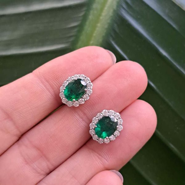 2.83ct Oval Emerald and Diamond Cluster Stud Earrings in 18ct White Gold