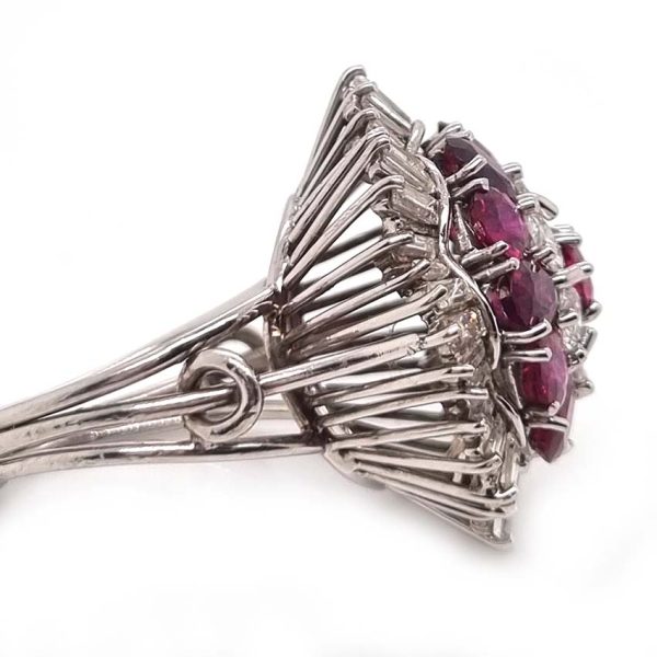 Vintage 6.5ct Ruby and 4ct Diamond Ballerina Cluster Cocktail Ring in Platinum, 6.50 carats Siamese rubies surrounded by 2.50 carats of brilliant-cut diamonds within outer ballerina waved skirt border of 1.50 carats Baguette-cut diamonds