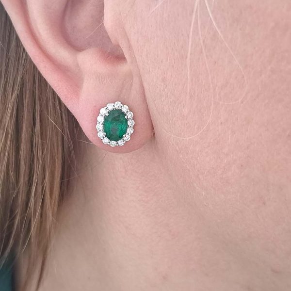 2.83ct Oval Emerald and Diamond Cluster Stud Earrings in 18ct White Gold