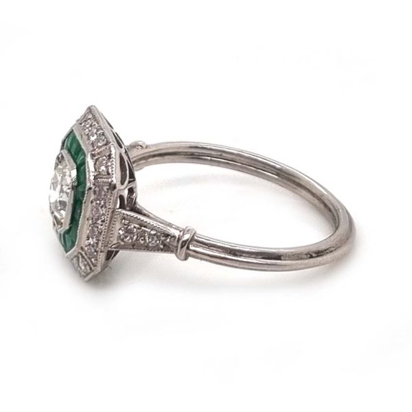 Old Cut Diamond and Emerald Target Cluster Engagement Ring in Platinum