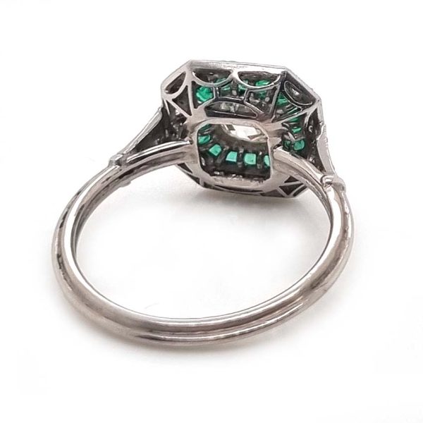 Old Cut Diamond and Emerald Target Cluster Engagement Ring in Platinum