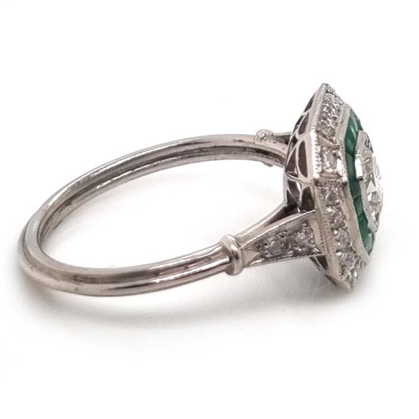 Old Cut Diamond and Emerald Target Cluster Engagement Ring in Platinum