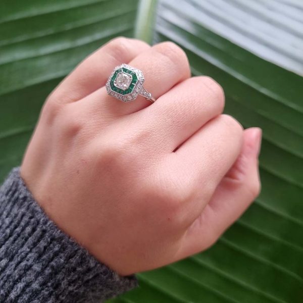 Old Cut Diamond and Emerald Target Cluster Engagement Ring in Platinum