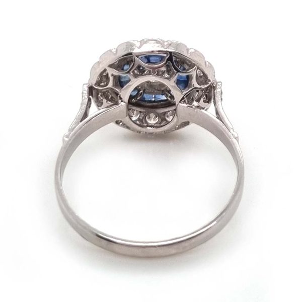 Art Deco Style Diamond and Sapphire Target Cluster Engagement Ring in Platinum