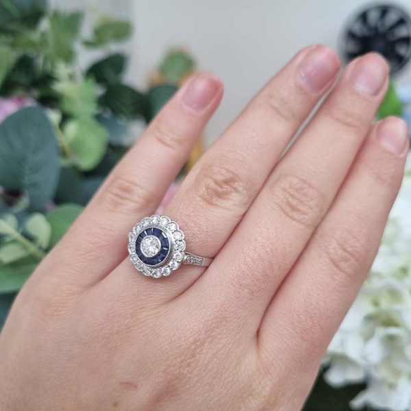 Art Deco Inspired Diamond and Sapphire Target Cluster Engagement Ring in Platinum