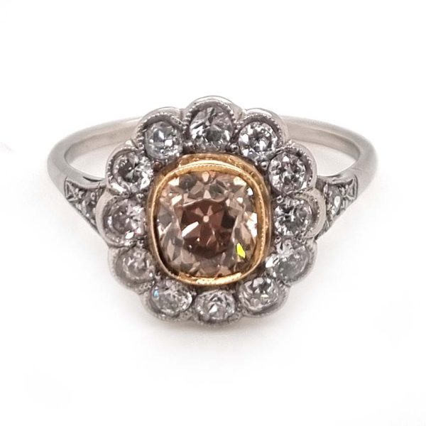 Antique Old Mine Cut Champagne and White Diamond Cluster Engagement Ring in Platinum