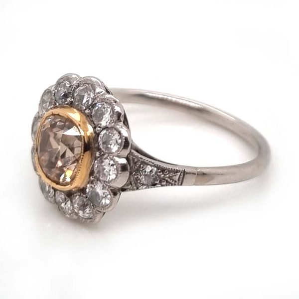 Antique Old Mine Cut Champagne and White Diamond Cluster Engagement Ring in Platinum