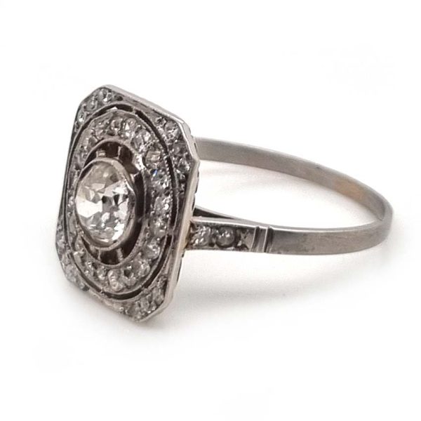 Art Deco Old Cut Diamond Cluster Tablet Plaque Ring in Platinum