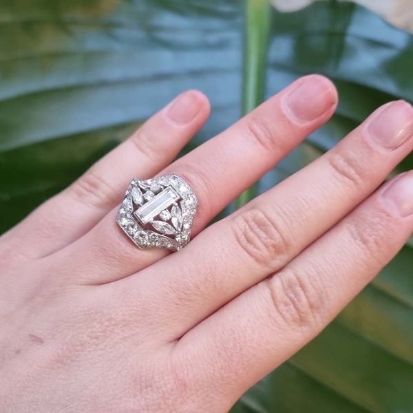 Art Deco 3.8ct Diamond Cluster Dress Statement Cocktail Ring in Platinum and Iridium