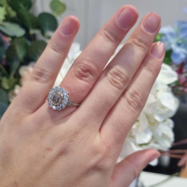 Antique Old Mine Cut Champagne and White Diamond Cluster Engagement Ring in Platinum
