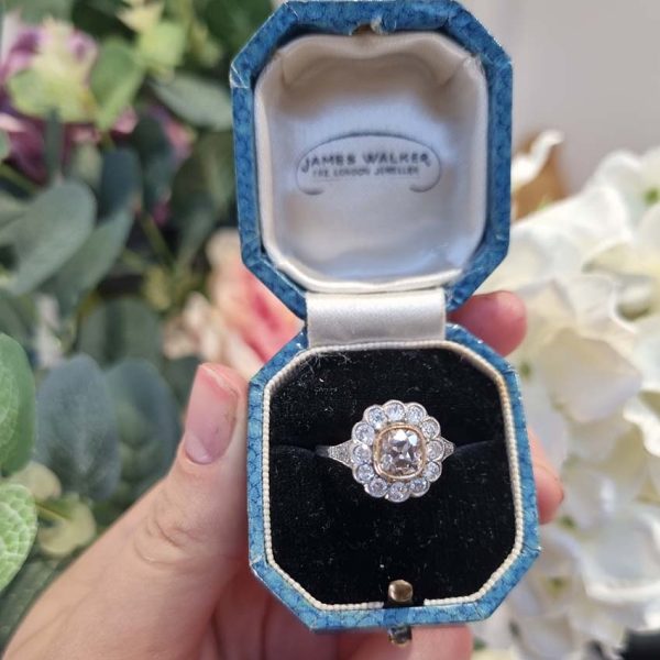 Antique Old Mine Cut Champagne and White Diamond Cluster Engagement Ring in Platinum