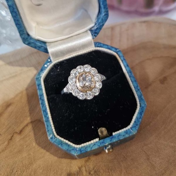 Antique Old Mine Cut Champagne and White Diamond Cluster Engagement Ring in Platinum
