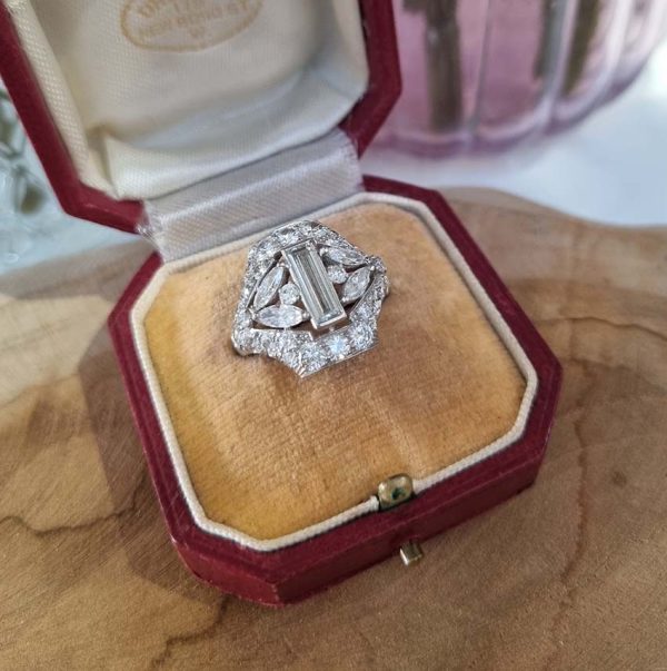 Art Deco 3.8ct Diamond Cluster Dress Statement Cocktail Ring in Platinum and Iridium
