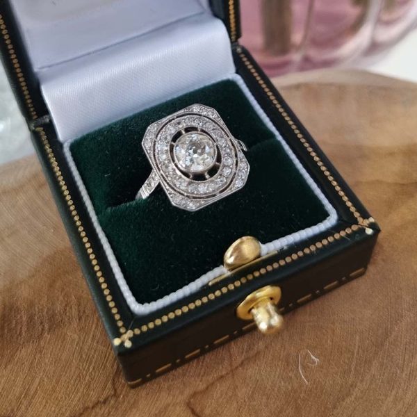 Art Deco Old Cut Diamond Cluster Tablet Plaque Ring in Platinum