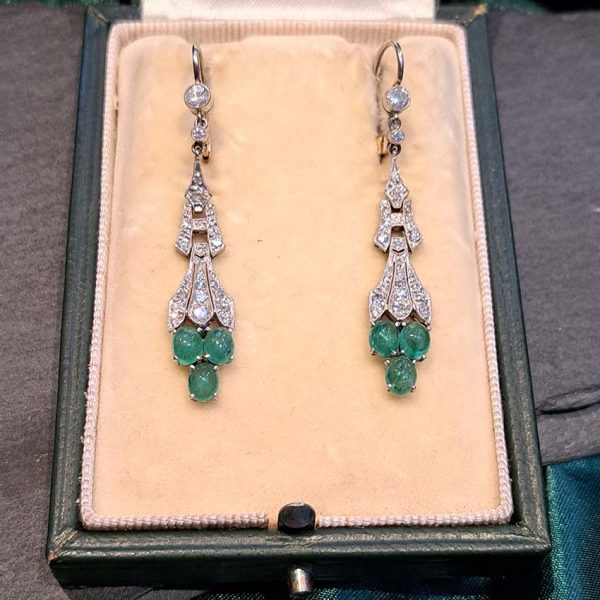 Antique 2.4ct Cabochon Emerald and Diamond Drop Earrings, oval cabochon cut emeralds grape clusters suspended from diamond old-cut diamond set drops in platinum with later 18ct white gold fittings