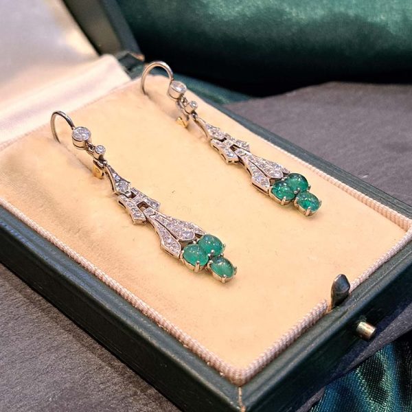Antique 2.4ct Cabochon Emerald and Diamond Drop Earrings, oval cabochon cut emeralds grape clusters suspended from diamond old-cut diamond set drops in platinum with later 18ct white gold fittings
