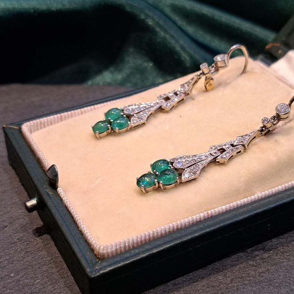 Antique 2.4ct Cabochon Emerald and Diamond Drop Earrings, oval cabochon cut emeralds grape clusters suspended from diamond old-cut diamond set drops in platinum with later 18ct white gold fittings