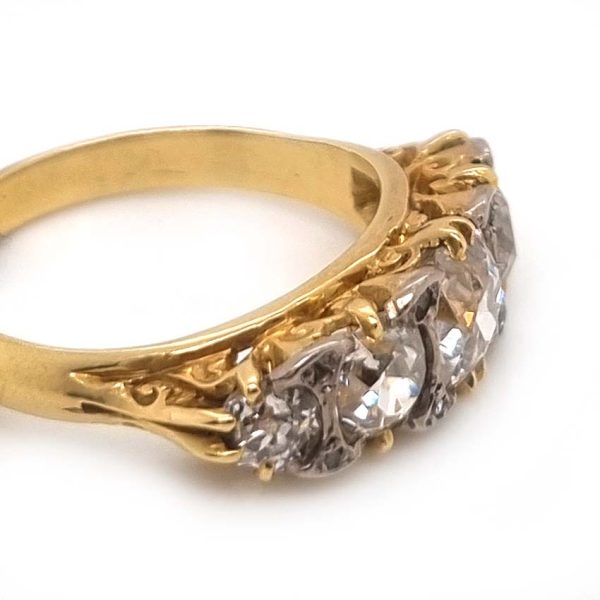Antique 1.70ct Old Mine Cut Diamond Five Stone Ring, 1.70 carats graduating chunky old mine-cut diamonds in 18ct yellow gold, hallmarked Birmingham 1889