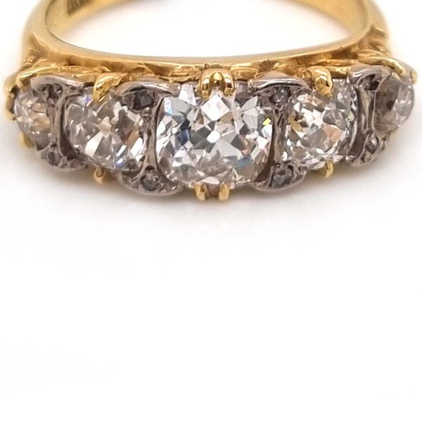Antique 1.70ct Old Mine Cut Diamond Five Stone Ring, 1.70 carats graduating chunky old mine-cut diamonds in 18ct yellow gold, hallmarked Birmingham 1889