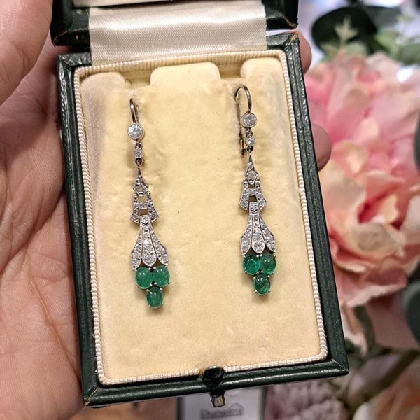 Antique 2.4ct Cabochon Emerald and Diamond Drop Earrings, oval cabochon cut emeralds grape clusters suspended from diamond old-cut diamond set drops in platinum with later 18ct white gold fittings