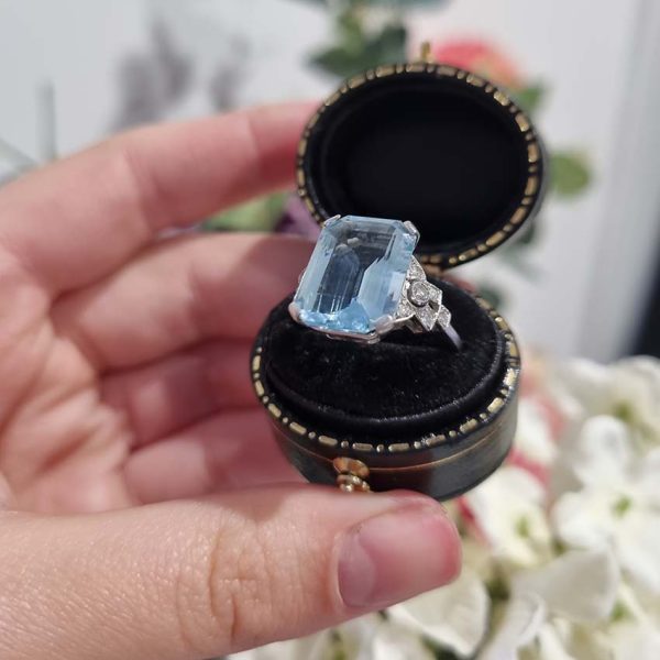 Art Deco 7ct Aquamarine and Diamond Statement Cocktail Ring in 18ct white gold. Circa 1930