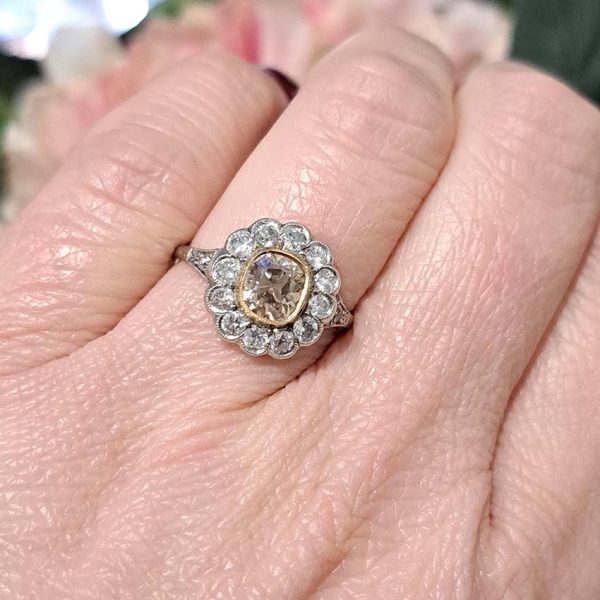 Antique Old Mine Cut Champagne and White Diamond Cluster Engagement Ring in Platinum