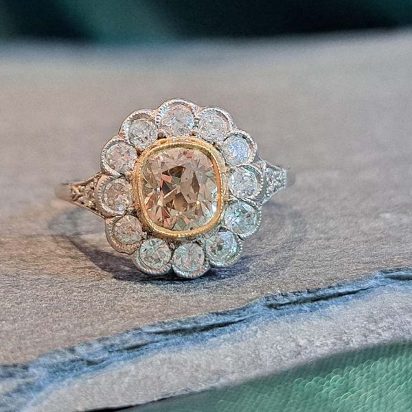 Antique Old Mine Cut Champagne and White Diamond Cluster Engagement Ring in Platinum