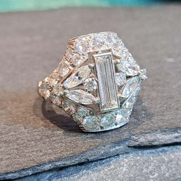 Art Deco 3.8ct Diamond Cluster Dress Statement Cocktail Ring in Platinum and Iridium