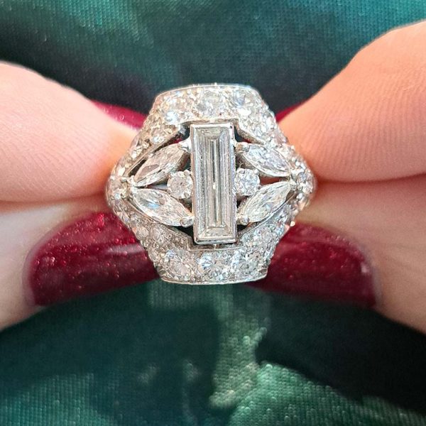 Art Deco 3.81ct Diamond Cluster Dress Statement Ring, 0.75ct baguette-cut diamond geometric design old-cut and marquise-cut diamonds in platinum and iridium