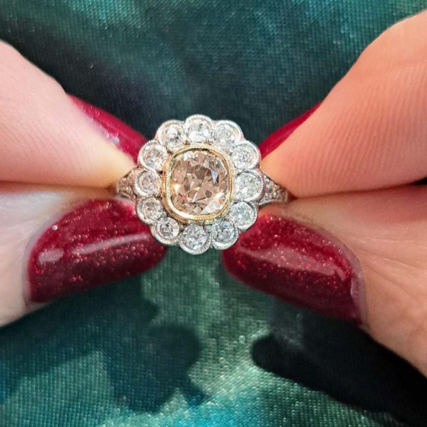 Antique Old Mine Cut Champagne and White Diamond Cluster Engagement Ring in Platinum