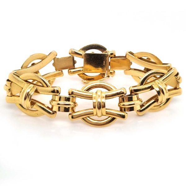 Vintage 18ct Yellow Gold Fancy Link Bracelet by Deakin and Francis, eye-catching circular and strap link design. Made by Deakin and Francis, Birmingham 1960
