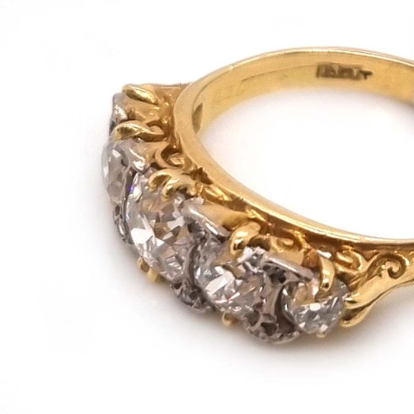Antique 1.70ct Old Mine Cut Diamond Five Stone Ring, 1.70 carats graduating chunky old mine-cut diamonds in 18ct yellow gold, hallmarked Birmingham 1889