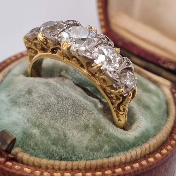 Antique 1.70ct Old Mine Cut Diamond Five Stone Ring, 1.70 carats graduating chunky old mine-cut diamonds in 18ct yellow gold, hallmarked Birmingham 1889