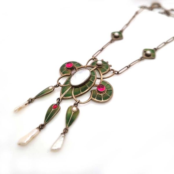 Art Nouveau Plique a Jour Enamel and Pearl Pendant Necklace, stained glass windows of green plique a jour enamel with central natural pearl and Mississippi river pearls drops
