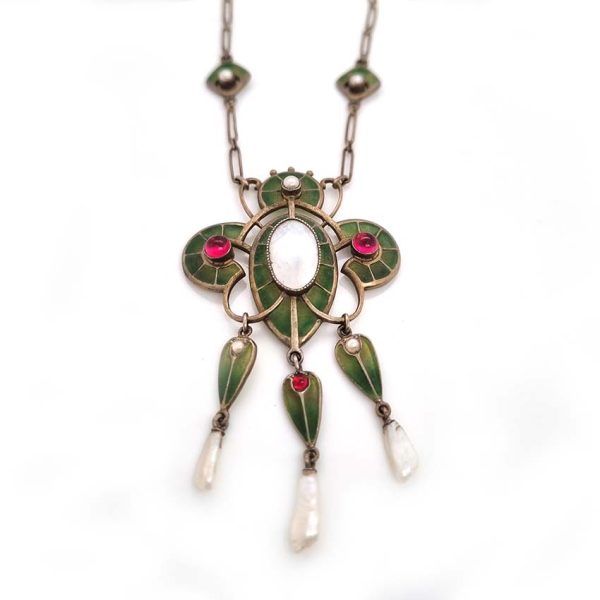 Art Nouveau Plique a Jour Enamel and Pearl Pendant Necklace, stained glass windows of green plique a jour enamel with central natural pearl and Mississippi river pearls drops