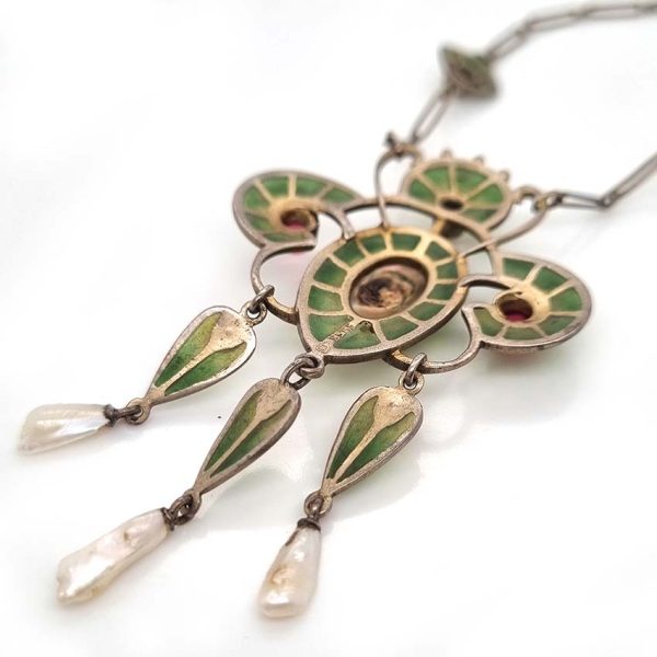 Art Nouveau Plique a Jour Enamel and Pearl Pendant Necklace, stained glass windows of green plique a jour enamel with central natural pearl and Mississippi river pearls drops