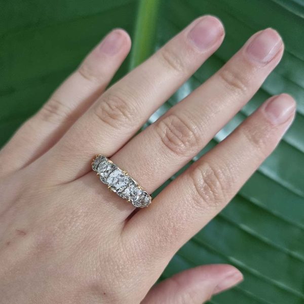 Antique 1.70ct Old Mine Cut Diamond Five Stone Ring, 1.70 carats graduating chunky old mine-cut diamonds in 18ct yellow gold, hallmarked Birmingham 1889