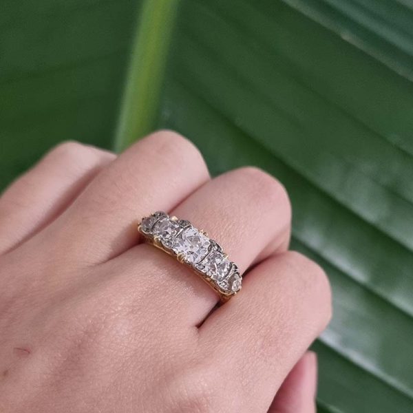 Antique 1.70ct Old Mine Cut Diamond Five Stone Ring, 1.70 carats graduating chunky old mine-cut diamonds in 18ct yellow gold, hallmarked Birmingham 1889