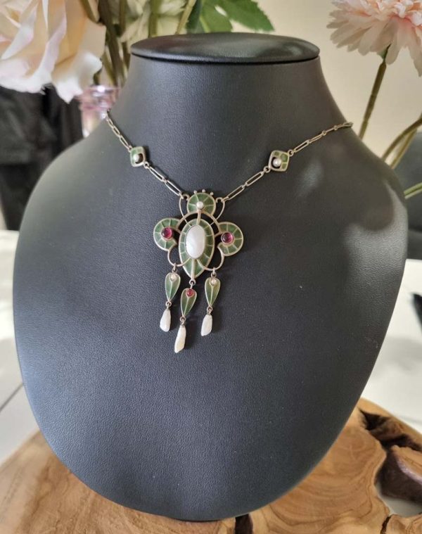 Art Nouveau Plique a Jour Enamel and Pearl Pendant Necklace, stained glass windows of green plique a jour enamel with central natural pearl and Mississippi river pearls drops
