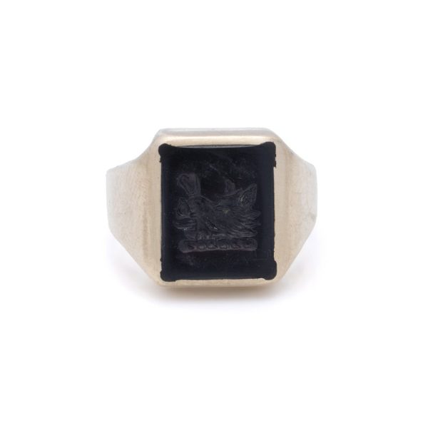 Vintage bloodstone intaglio signet ring in gold.