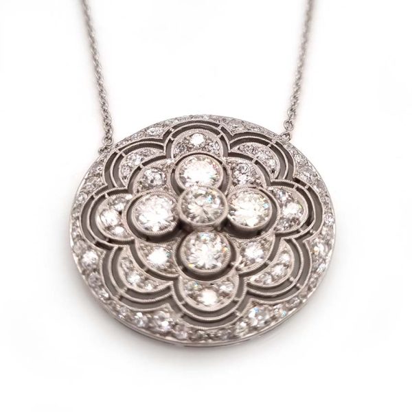 Art Deco 2.2ct Old Cut Diamond Circle Pendant Necklace, circular platinum pendant set with 2.20 carats of old European transitional cut diamonds in stylised floral design