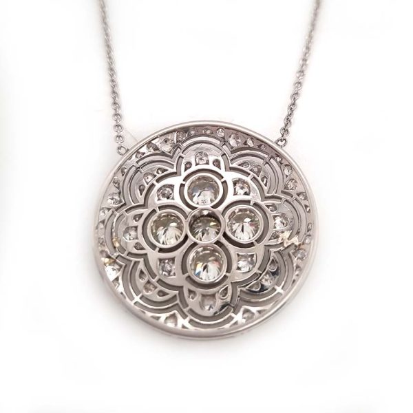 Art Deco 2.2ct Old Cut Diamond Circle Pendant Necklace, circular platinum pendant set with 2.20 carats of old European transitional cut diamonds in stylised floral design